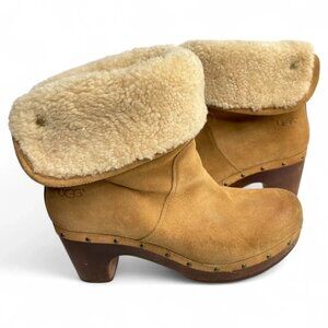 UGG Lynnea Fold Over Brown Leather Shearling Cuff Clog Boots 3204 Women's 8
